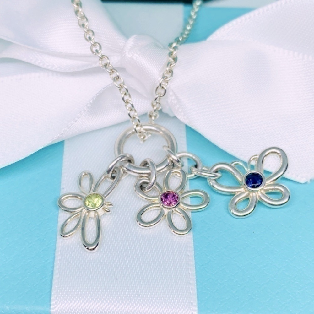 Tiffany & Co.Silver Butterfly dragonfly Flower Gemstone 16" Necklace W/box 925